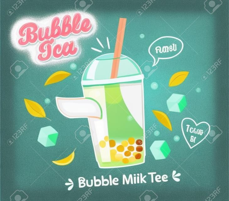 Bubble milk tea in cup with delicious tapioca, mint leaves and ice cubes with place for text and brand on chalkboard background. Great for flyers, posters, cards. Vector illustration.