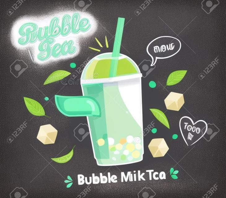 Bubble Milk Tea in Cup mit köstlichen Tapioka, Minzblättern und Eiswürfeln mit Platz für Text und Marke auf Tafelhintergrund. Ideal für Flyer, Poster, Karten. Vektor-Illustration.