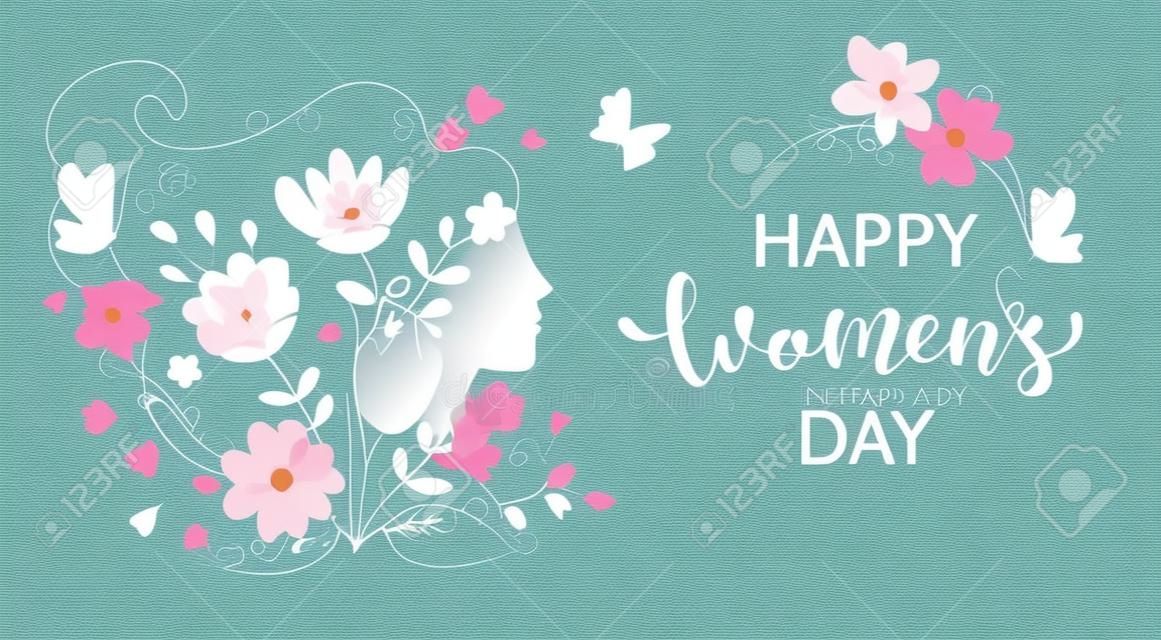 Elegant card for International Women's Day.Banner, flyer for March 8 with papercut woman face silhouette with flowers and wishing happy holiday.Congratulating placard for brochures.Vector illustration
