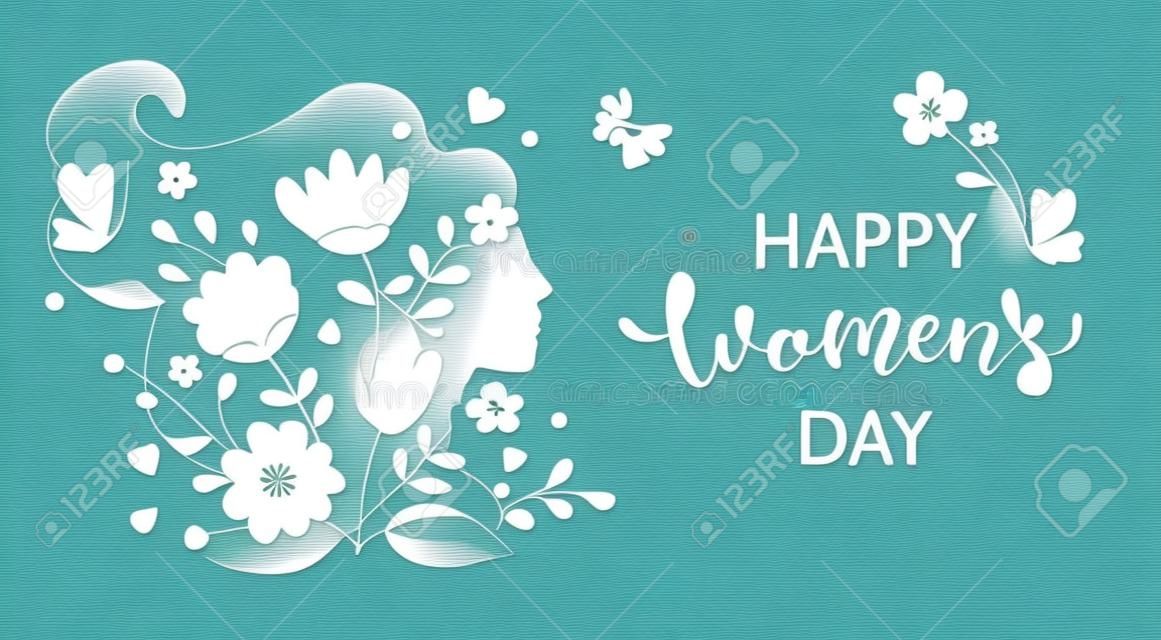 Elegancka karta na Międzynarodowy Dzień Kobiet. Baner, ulotka na 8 marca z sylwetką twarzy kobiety papercut z kwiatami i życząc szczęśliwego urlopu. Gratulacje afisz dla broszur. Ilustracja wektorowa