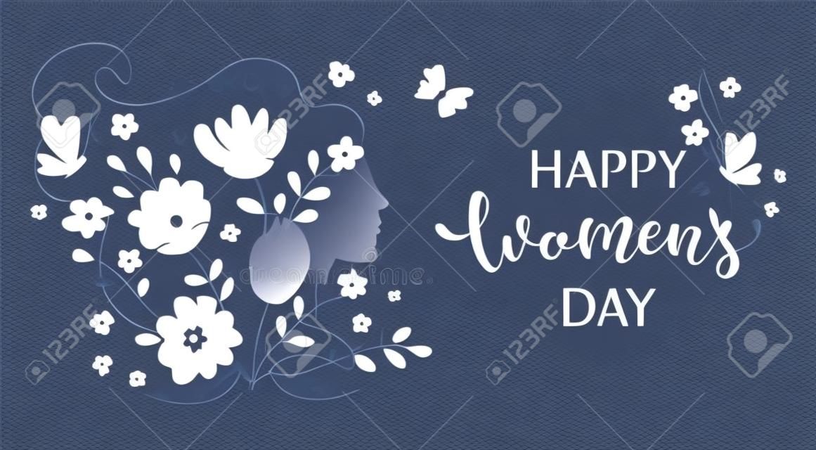 国際女性デーのためのエレガントなカード.Banner、ペーパーカットの女性が花でシルエットを顔にし、幸せな休日を願って3月8日のチラシ。パンフレットのプラカードを祝福。ベクトルの図