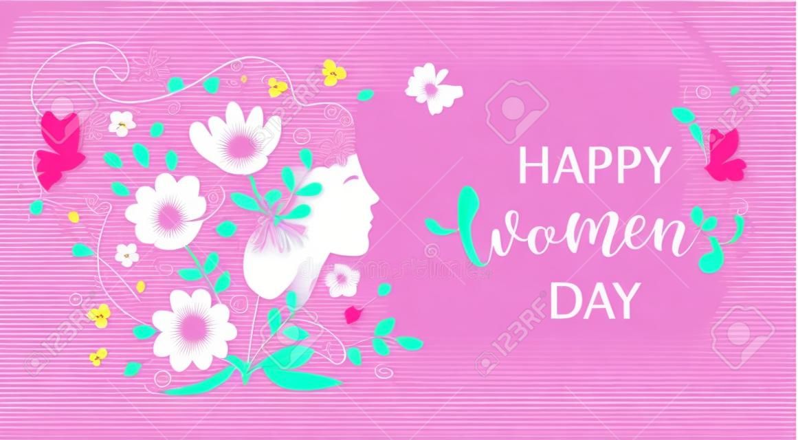 Elegante Karte für den Internationalen Frauentag. Banner, Flyer für den 8. März mit Papierschnitt-Frauengesichtssilhouette mit Blumen und wünschen frohe Feiertage. Gratulationsplakat für Broschüren. Vektorillustration