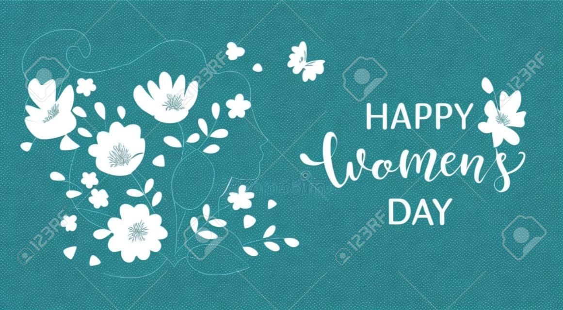 Elegant card for International Women's Day.Banner, flyer for March 8 with papercut woman face silhouette with flowers and wishing happy holiday.Congratulating placard for brochures.Vector illustration