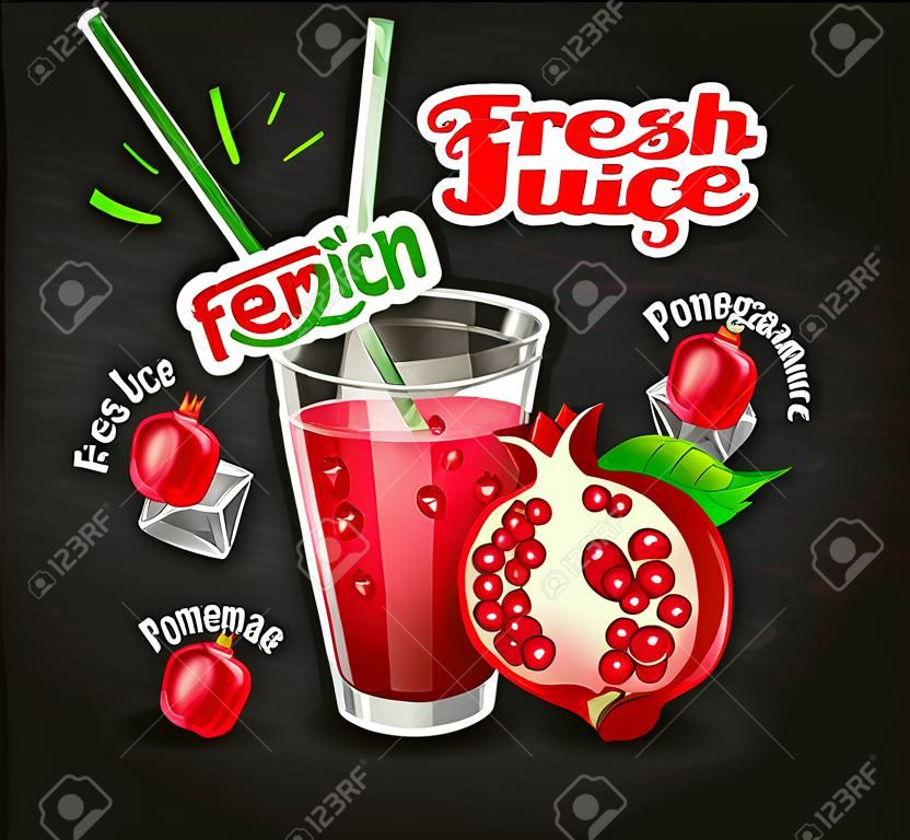 Fresh pomegranate juice banner with ice, fruit on blackboard background for brand,logo, template,label,emblem,store,packaging,advertising.Vector illustration