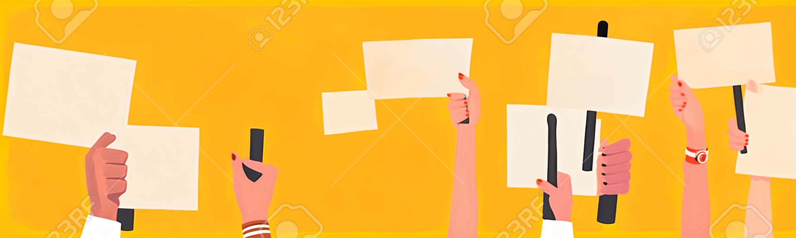 Hands holding empty blank placards and megaphones on demonstration. People with protests banners and empty vote signs. Election and protest concept campaig. Vector illustration.