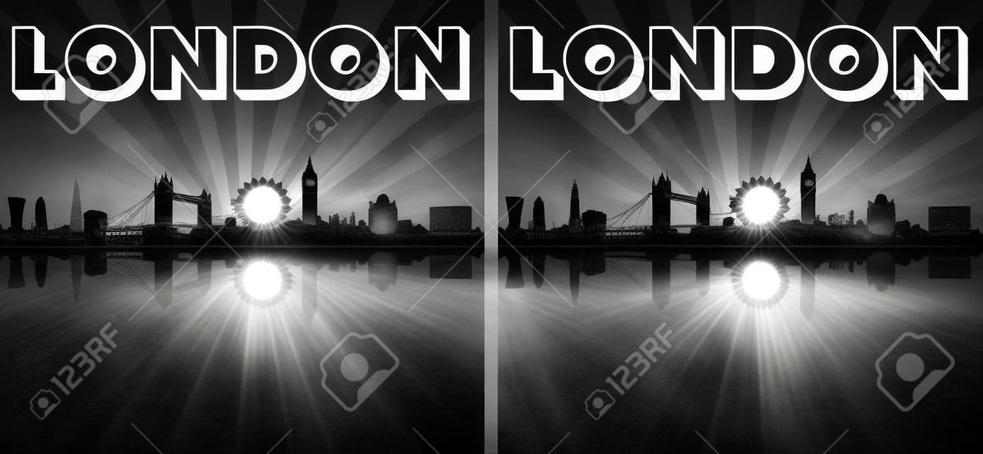 London Skyline Silhouette en noir et blanc avec les rayons du soleil