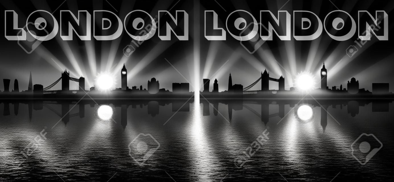 London Skyline sylwetka w czerni i bieli z promieni słonecznych