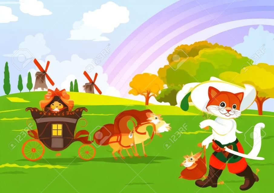 Puss in Boots on landscape background. Fairy-tale. Vector art-illustration.