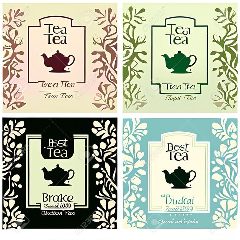 set van design elementen en pictogrammen in trendy lineaire stijl voor thee pakket - witte, zwarte en groene thee