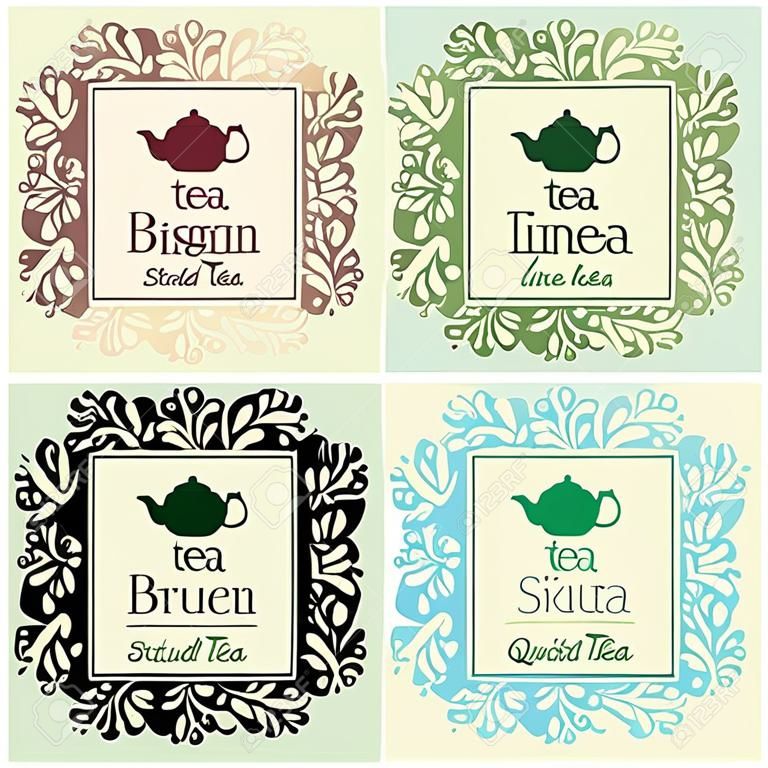 set van design elementen en pictogrammen in trendy lineaire stijl voor thee pakket - witte, zwarte en groene thee