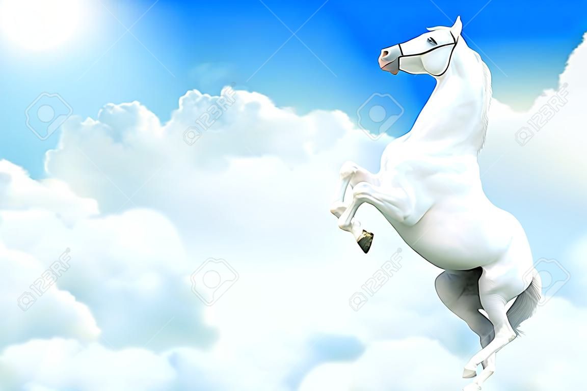 weißes Pferd Aufzucht in den Himmel, umgeben von Wolken