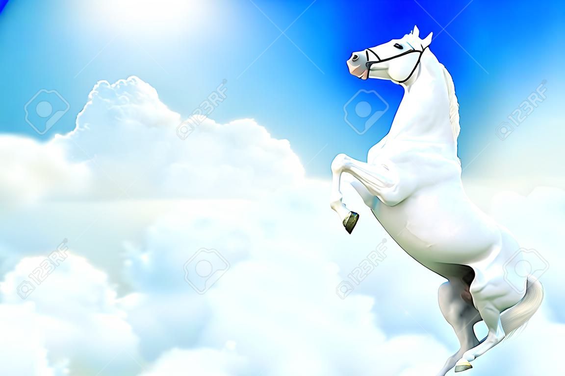 weißes Pferd Aufzucht in den Himmel, umgeben von Wolken