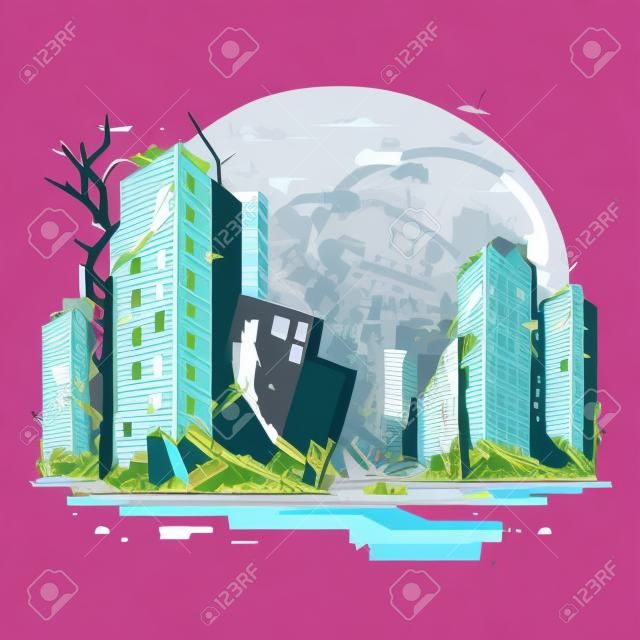 Destroyed city after earthquake or war in flat cartoon style vector illustration