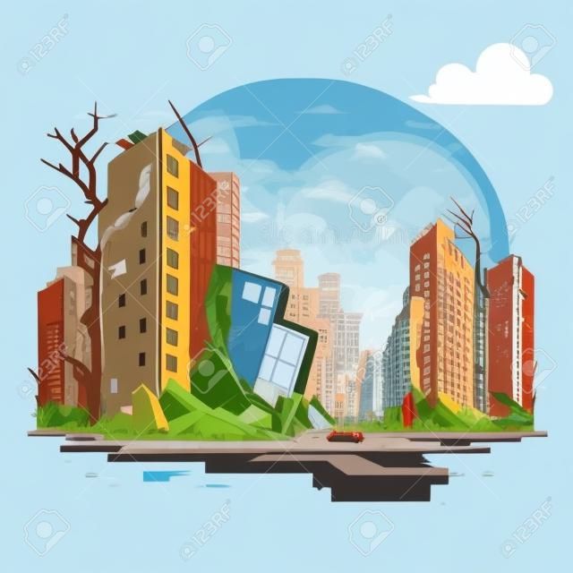 Destroyed city after earthquake or war in flat cartoon style vector illustration