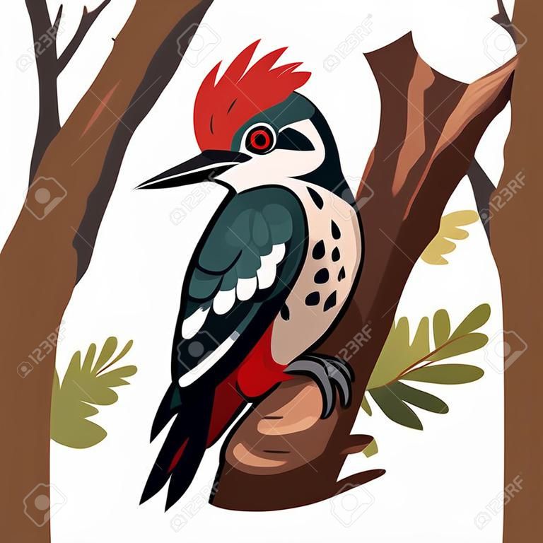 Cute woodpecker cartoon flat vector illustration with isolated background