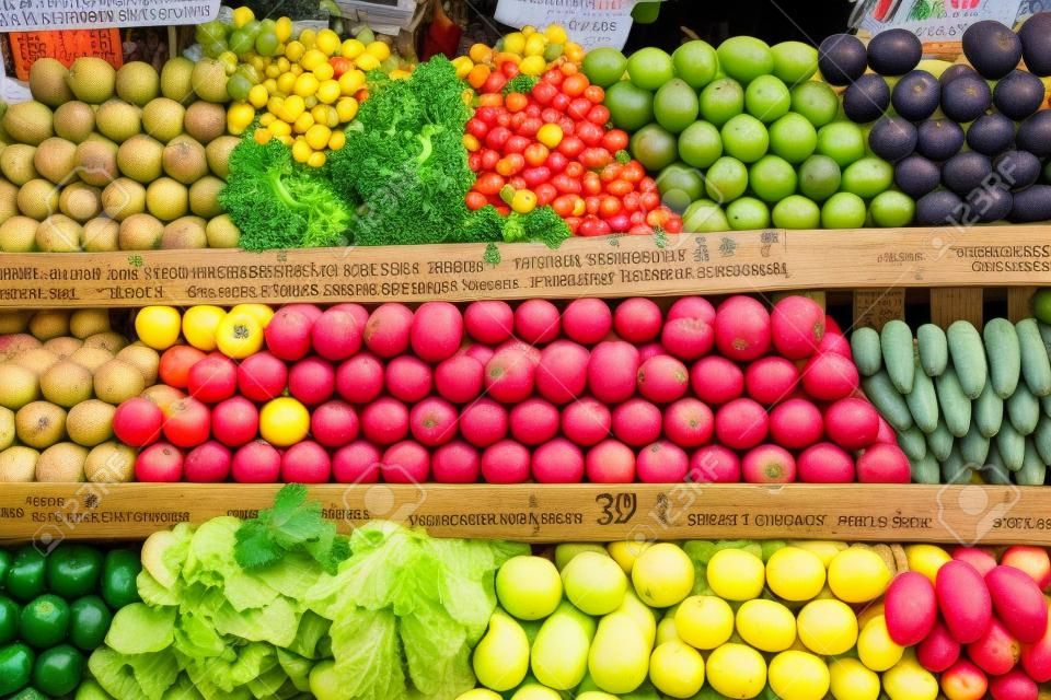 Vielfalt von Früchten und Gemüse auf Obst stehen im thailändischen Markt Wochenende.