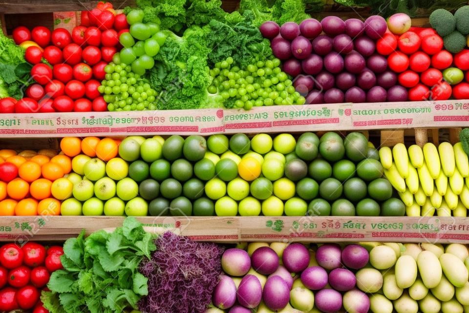 Vielfalt von Früchten und Gemüse auf Obst stehen im thailändischen Markt Wochenende.