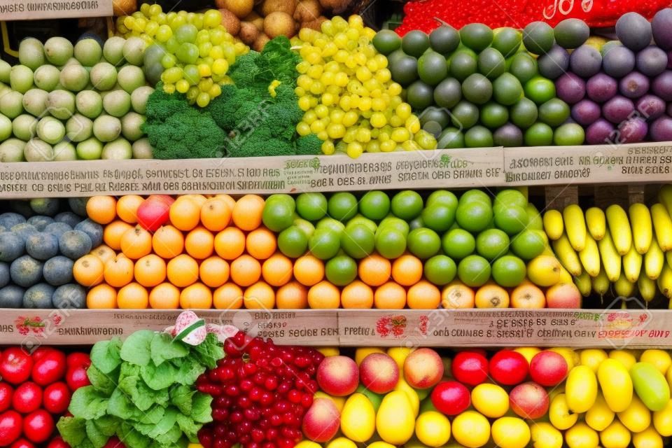 さまざまな果物や野菜フルーツでタイのウィーク エンド ・ マーケットで立っています。