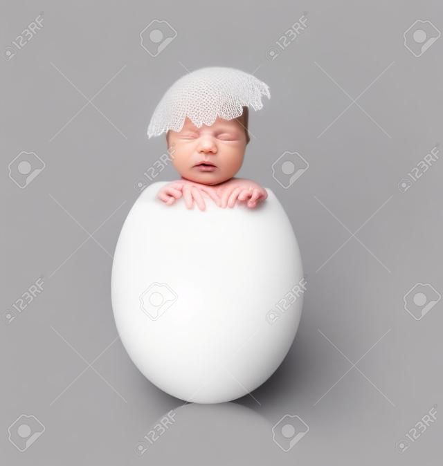 один белый яйцо с новорожденным ребенком, на сером фоне, инкубационное