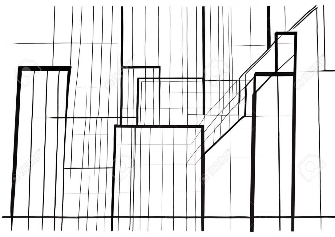 Liniowy szkic architektoniczny abstrakcyjna perspektywa ulicy w 3 punktach