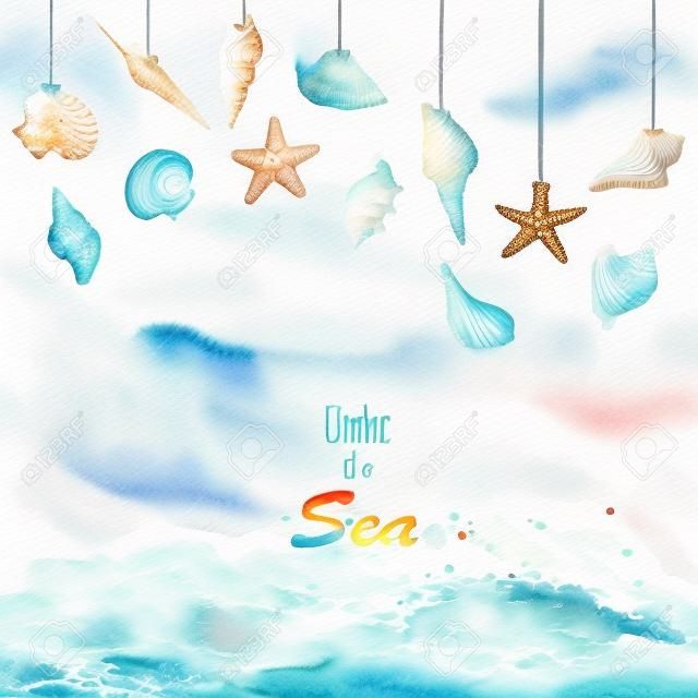 Summer sea shells collection design and wave ocean on white background. Watercolor painting colorful underwater life, Illustration art drawing isolated for printing and romantic postcard style.