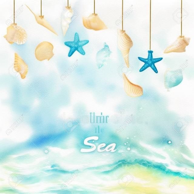 여름 바다 포탄 컬렉션 디자인 및 흰색 배경에 파도 바다. 수채화 그림 다채로운 수중 생활, 인쇄 및 낭만적 인 엽서 스타일을 위해 격리 된 일러스트레이션 아트 드로잉.
