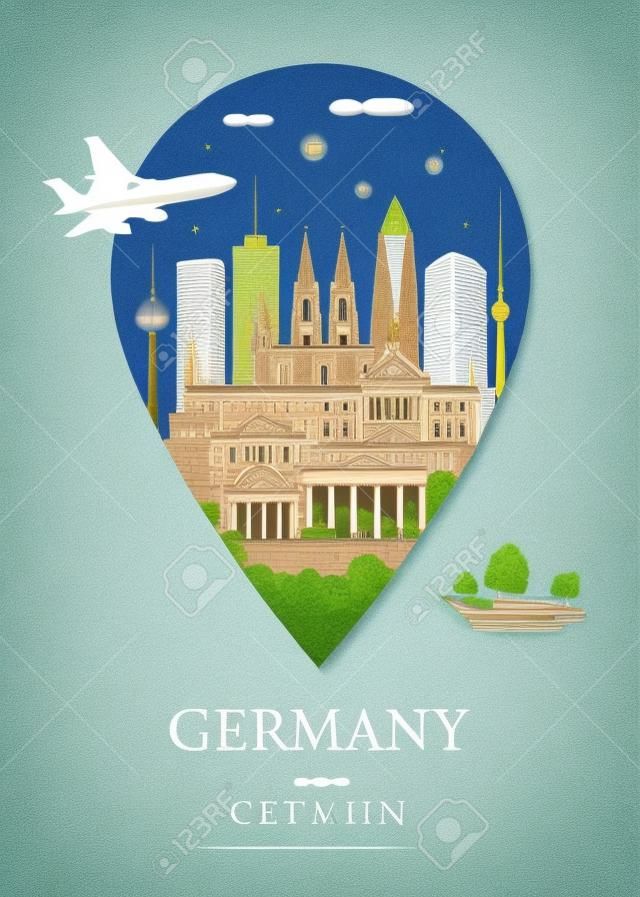 Vector illustration pin point symbol. Travel Germany architecture monument pin in europe with ancient city building business travel poster and postcard. Tour landmarks of Berlin ancient architecture.