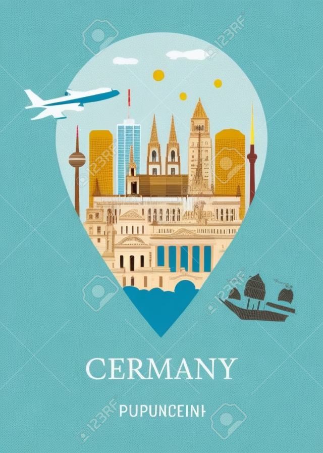 Vector illustration pin point symbol. Travel Germany architecture monument pin in europe with ancient city building business travel poster and postcard. Tour landmarks of Berlin ancient architecture.
