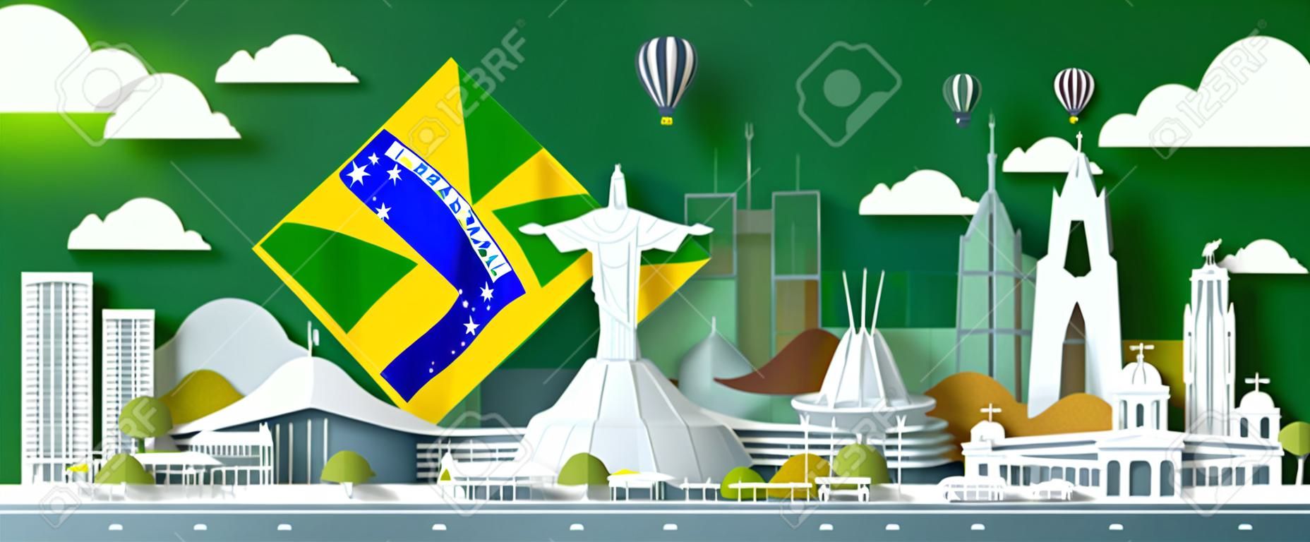 Punkt orientacyjny ilustracja obchody rocznicy dzień brazylii z tłem zielonej flagi. zabytki podróży architektura miejska brazylii w de janeiro w sztuce papierowej, styl cięcia papieru. ilustracja wektorowa