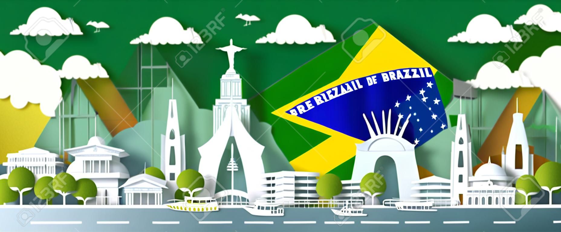 Landmark illustration anniversary celebration Brazil day with green flag background. Travel landmarks city architecture of Brazil in Rio de Janeiro in paper art, paper cut style. Vector illustration