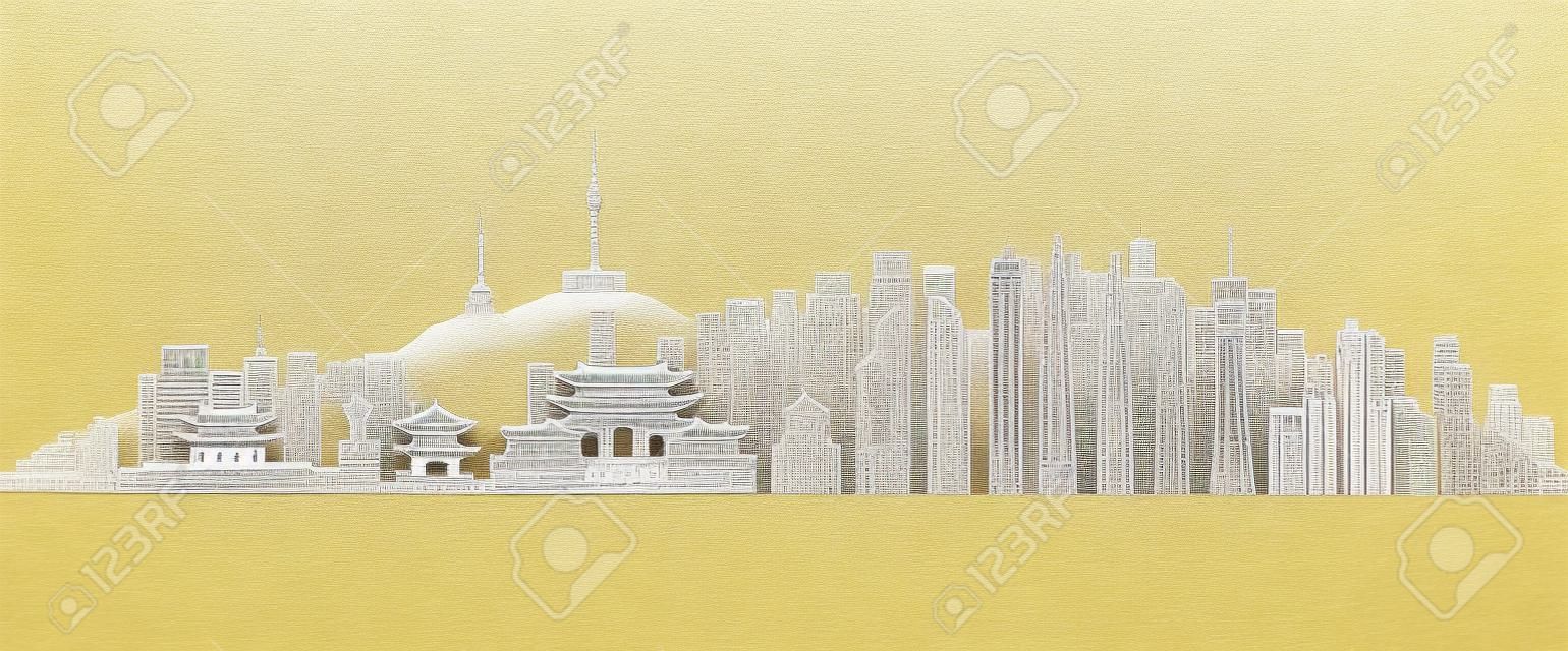 Travel landmarks Korea with architecture background, South Korea Day Anniversary celebration independence and Tour Asia landmark to seoul with panorama view popular capital in origami paper cut.