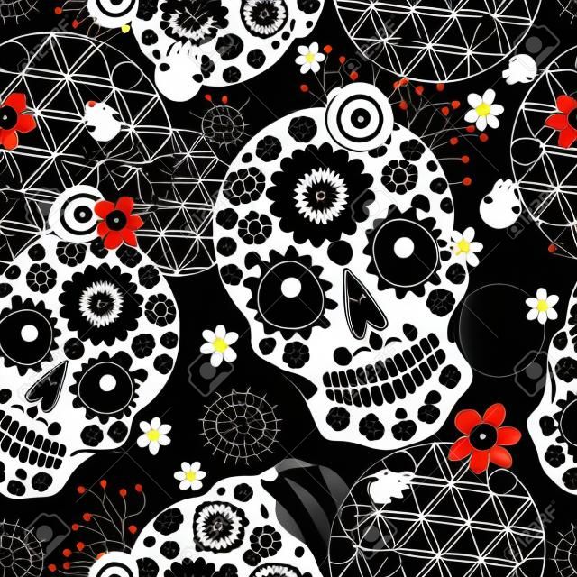 Seamless graphic pattern from cheerful ornamental skulls on a dark background