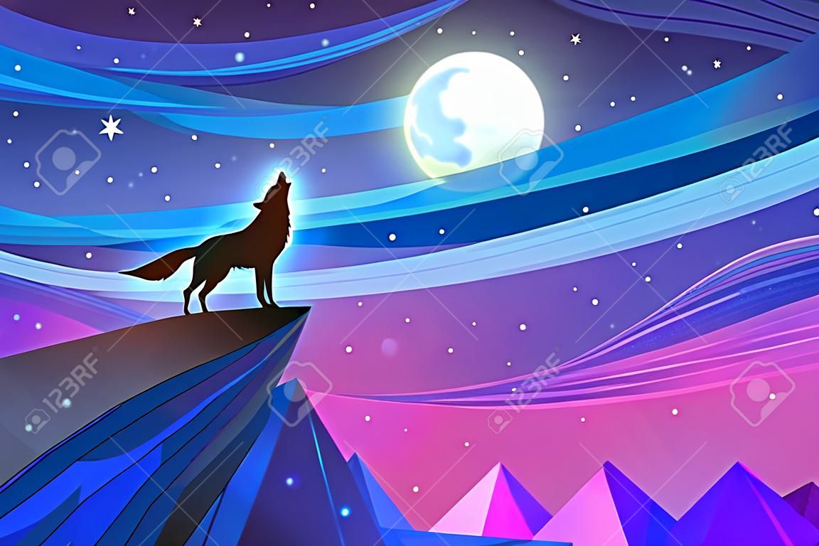 Paisagem noturna com a lua e um lobo uivando contra o céu estrelado. Modelo de design para cartaz ou capa de livro.