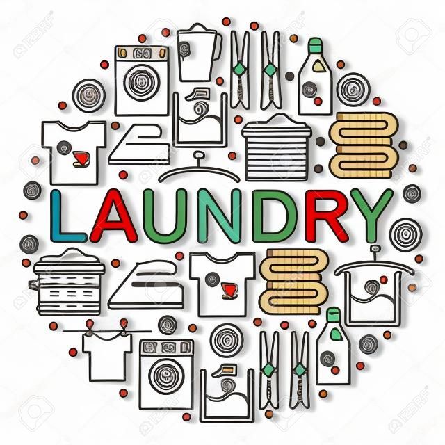 Icons set laundry. Round banner with icons in the style of a laundry line. Icons laundry placed inside a circle on a dark background. Vector illustration.