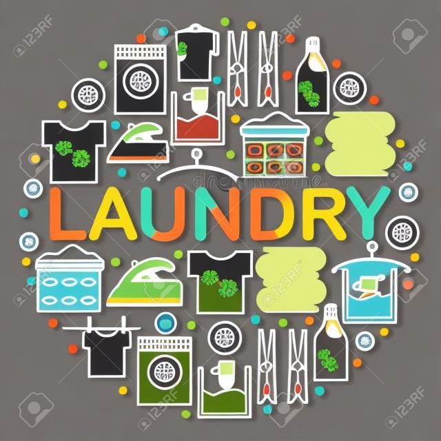 图标设置洗衣轮横幅图标的洗衣行图标洗衣房内放置一个圆圈的黑暗背景矢量插图