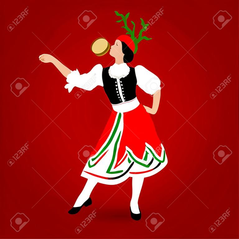Młoda dziewczyna ubrana w strój narodowy tańczy włoską tarantellę z tamburynem na czerwonym tle.