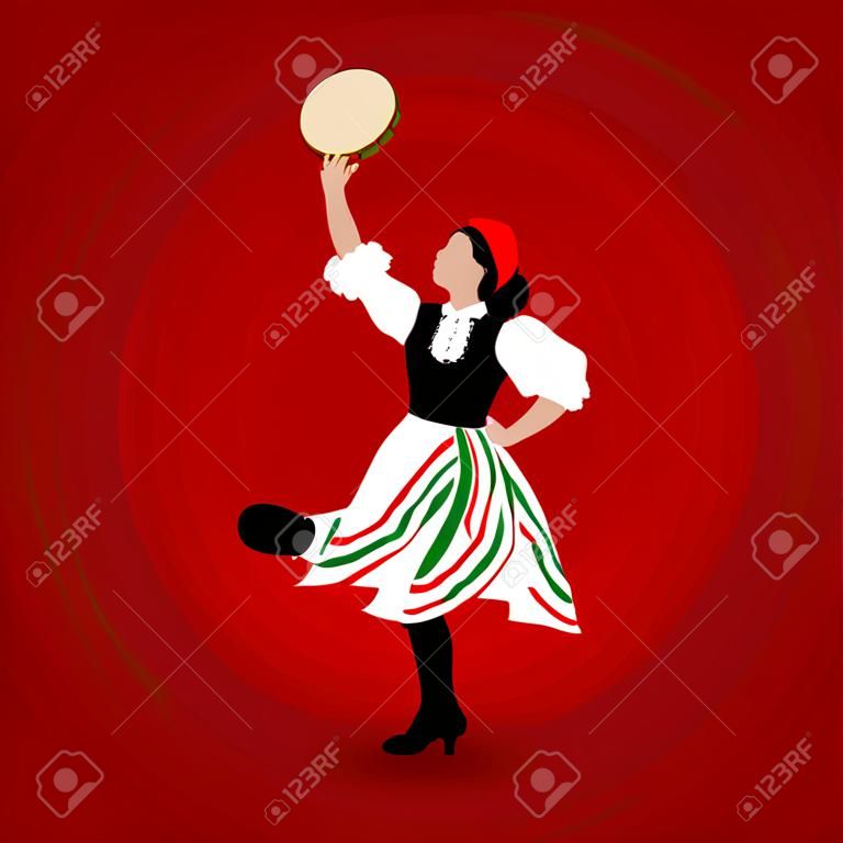 Uma menina vestida com um traje nacional dançando uma tarantela italiana com um pandeiro no fundo vermelho.