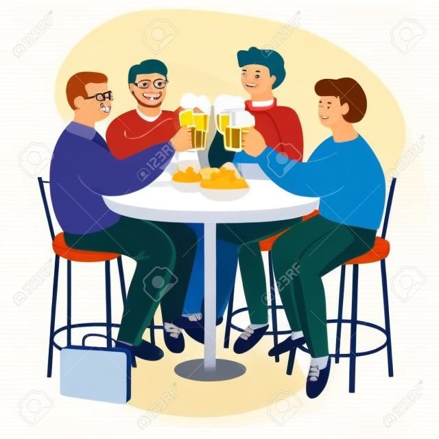 Ludzie siedzący przy stole w barze, pijący piwo i jedzący przekąski. koledzy rozmawiają i uśmiechają się w kawiarni. przyjaciele bawią się razem w pubie. płaskie postacie z kreskówek na białym tle.