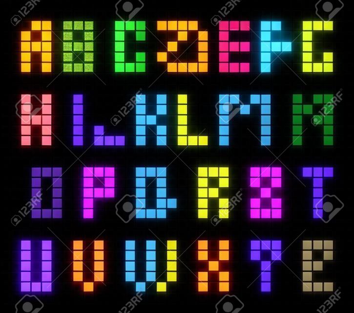 Raccolta di lettere dell'alfabeto in stile d'effetto Tetris su background.Set oscuro della ABC dei bambini