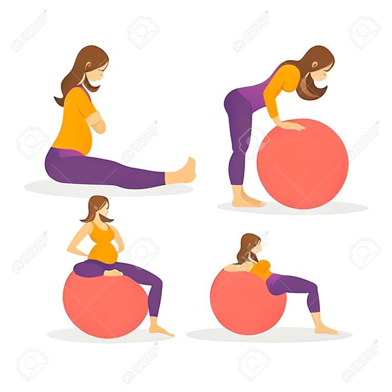 ustawić ręcznie kreskówki ikona biznesowe joga dla kobiet w ciąży na fitball