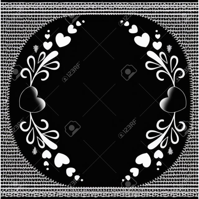 Элегантная черно-белая рамка с силуэтом сердец и декоративными элементами для оформления брошюр, буклетов, свадебных альбомов, приглашений и других праздничных продуктов.