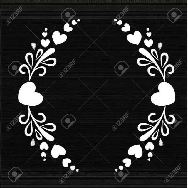 Elegant black and white frame with a silhouette of hearts and decorative elements for the design of brochures, booklets, wedding albums, invitations and other festive products.