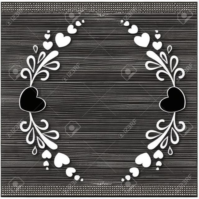 Elegant black and white frame with a silhouette of hearts and decorative elements for the design of brochures, booklets, wedding albums, invitations and other festive products.