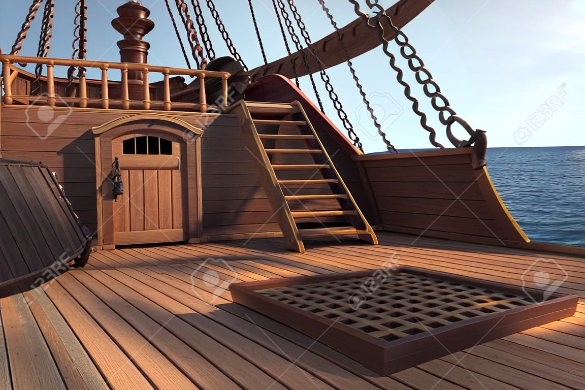 Fuera del barco pirata antiguo. Vista diurna del fondo de la nave. Ilustración 3d de la cubierta de un barco pirata. Técnica mixta.