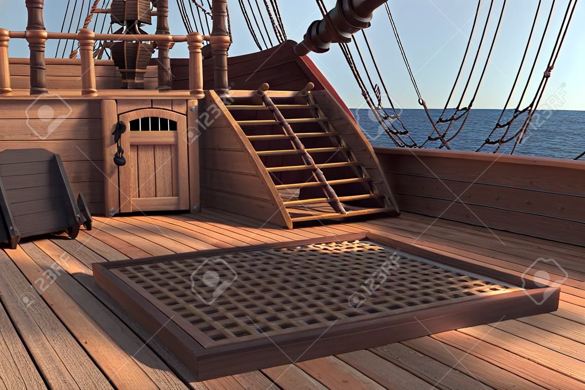 Buiten piraat oud schip. Daglicht uitzicht op schip achtergrond. 3D illustratie van dek van een piratenschip. Gemengde media.