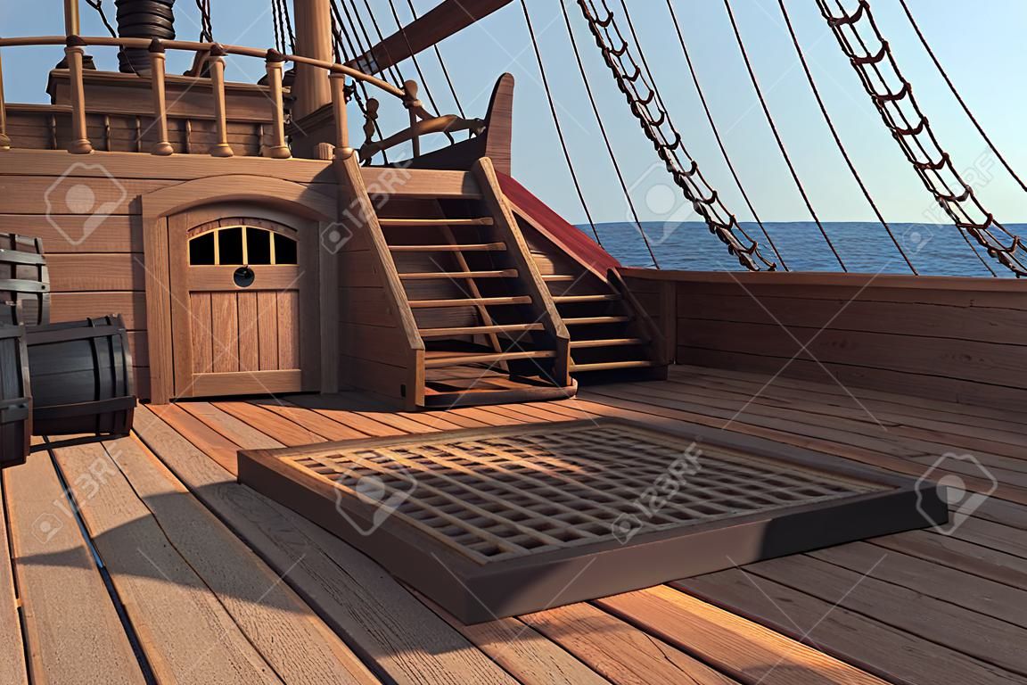 Buiten piraat oud schip. Daglicht uitzicht op schip achtergrond. 3D illustratie van dek van een piratenschip. Gemengde media.