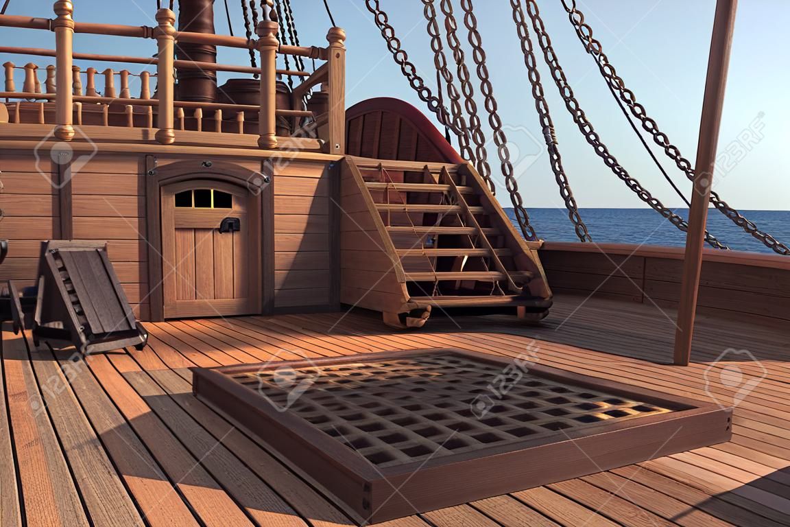 En dehors du vieux bateau pirate. Vue de la lumière du jour sur l'arrière-plan du navire. Illustration 3D du pont d'un bateau pirate. Technique mixte.