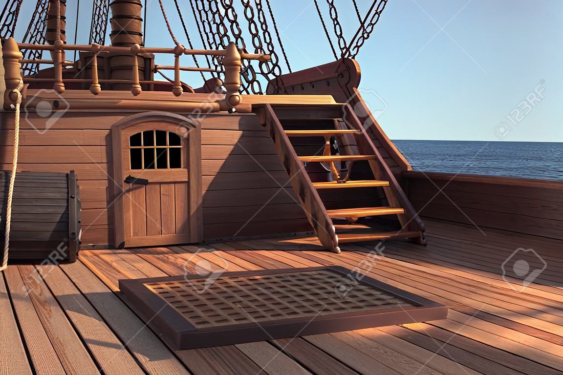 Outside of pirate old ship. Daylight view of ship background. 3d illustration of deck of a pirate ship. Mixed media.