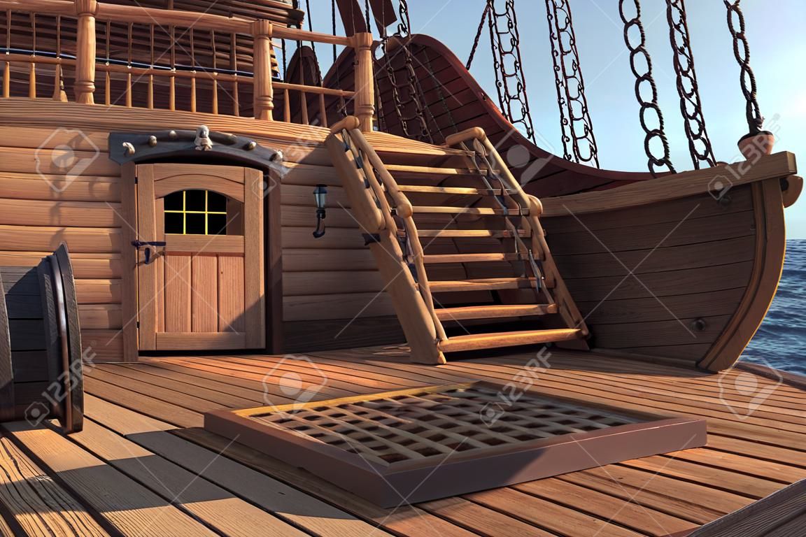 Outside of pirate old ship. Daylight view of ship background. 3d illustration of deck of a pirate ship. Mixed media.