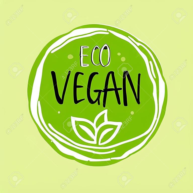 Vector round eco, bio green logo or sign. Vegan, raw, healthy food badge, tag for cafe, restaurants, packaging. Hand drawn circle, leaves, plant elements with lettering. Organic design template.